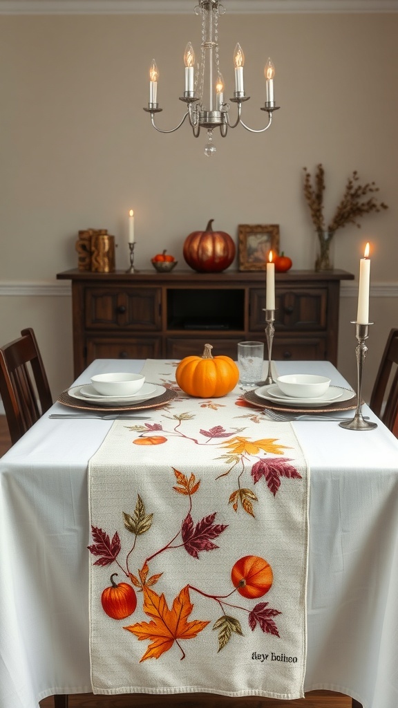A beautifully set dining table with an autumn-themed table runner featuring pumpkins and leaves.