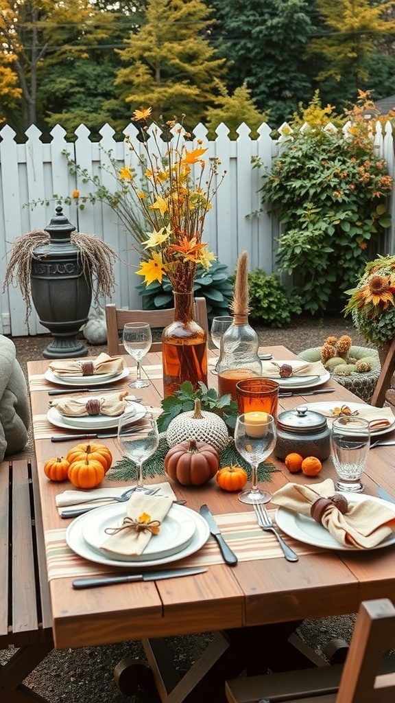 An outdoor table setting for autumn with pumpkins, flowers, and elegant tableware.