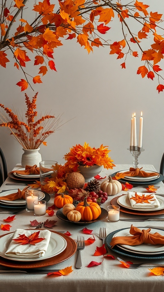 A beautifully arranged autumn-themed table setting with pumpkins, flowers, and candles.