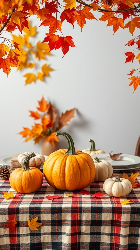 Autumn-themed table setting with pumpkins and colorful leaves