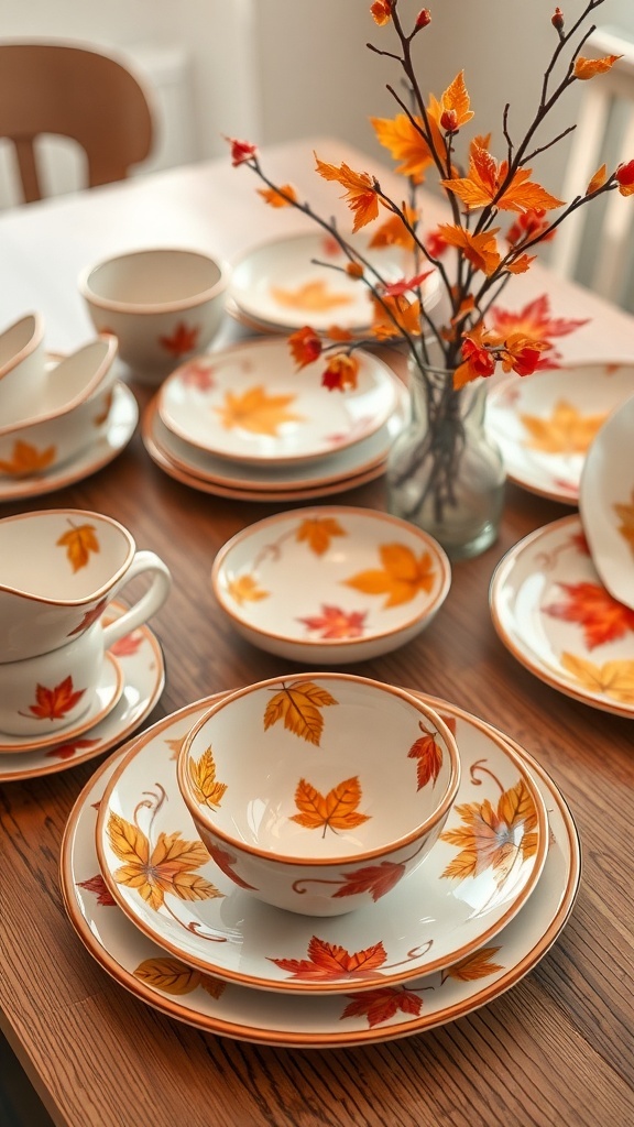 A beautifully set table with autumn-themed tableware featuring plates and bowls decorated with colorful leaves.