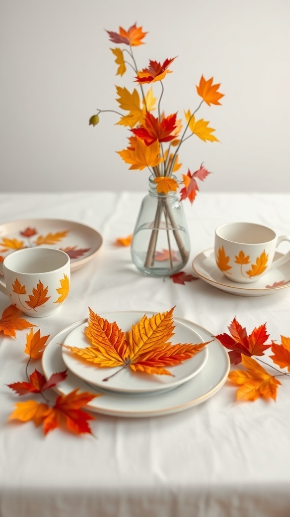 A beautifully arranged autumn-themed table with leaf-patterned tableware and colorful leaves.