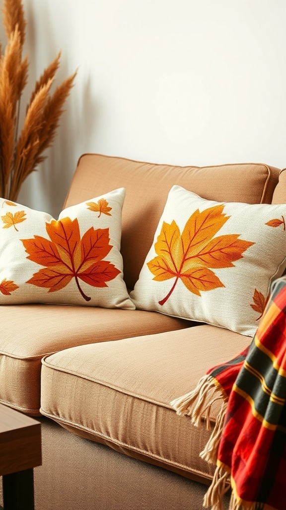 Cozy sofa with autumn-themed throw pillows featuring vibrant leaves