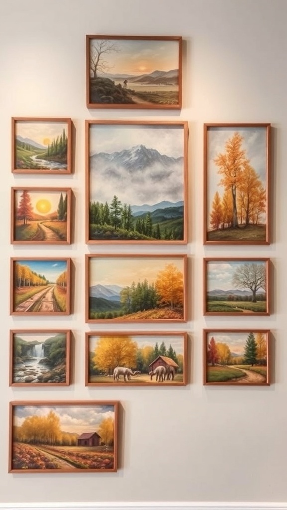 A wall decorated with autumn-themed art, featuring framed pictures of fall landscapes and quotes.