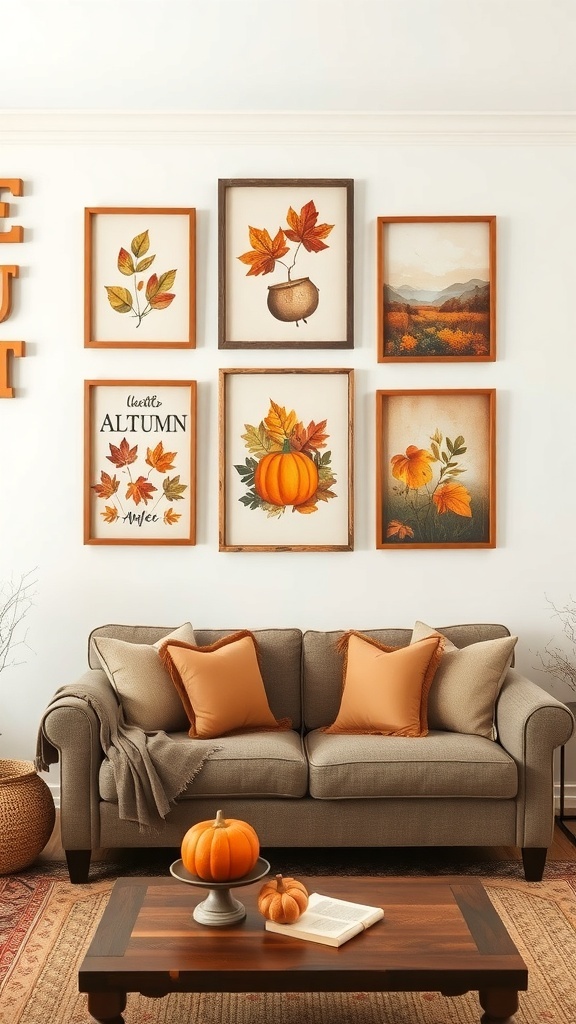A cozy living room with autumn-themed wall art featuring leaves, pumpkins, and warm colors.