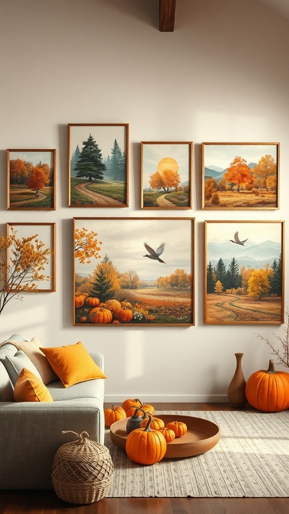 A cozy living room with autumn-themed wall art featuring landscapes and pumpkins.