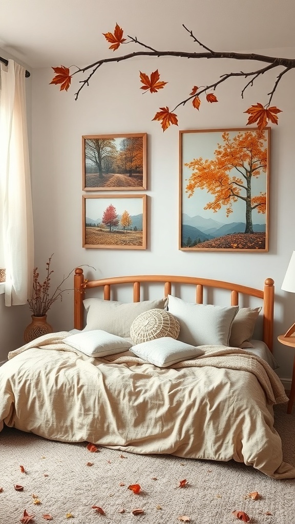 Cozy fall bedroom with autumn-themed wall art and decorative leaves