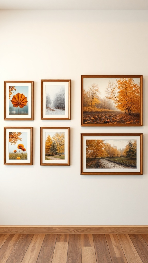 A collection of autumn-themed wall art featuring framed pictures of leaves and fall landscapes.