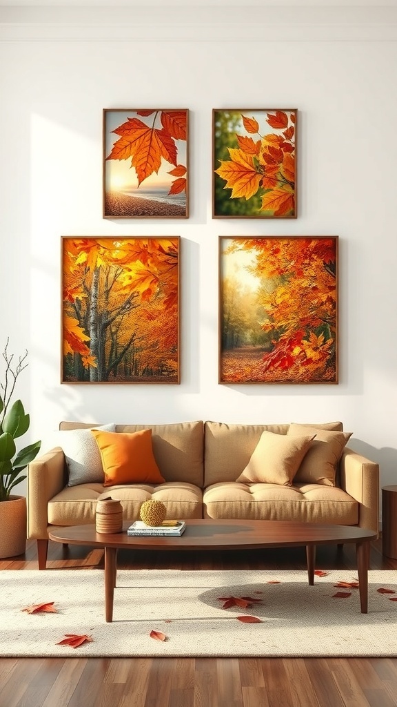 Autumn-themed wall art featuring vibrant fall colors and landscapes