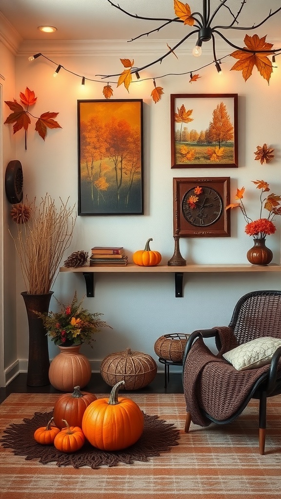 A cozy fall room with autumn-themed wall art, pumpkins, and warm lighting.