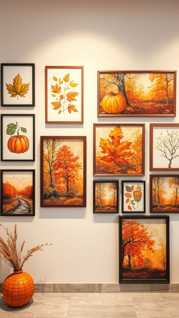 A collection of autumn-themed wall art featuring pumpkins, leaves, and fall landscapes.