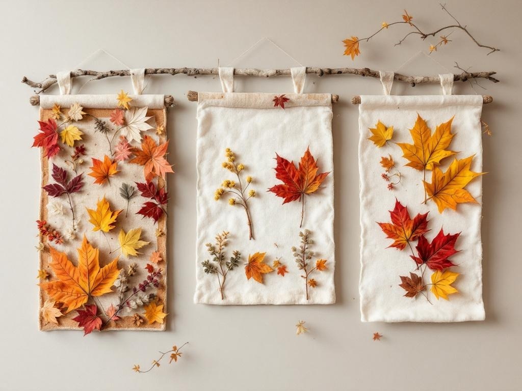 Three autumn-themed wall hangings featuring colorful leaves and flowers on fabric.