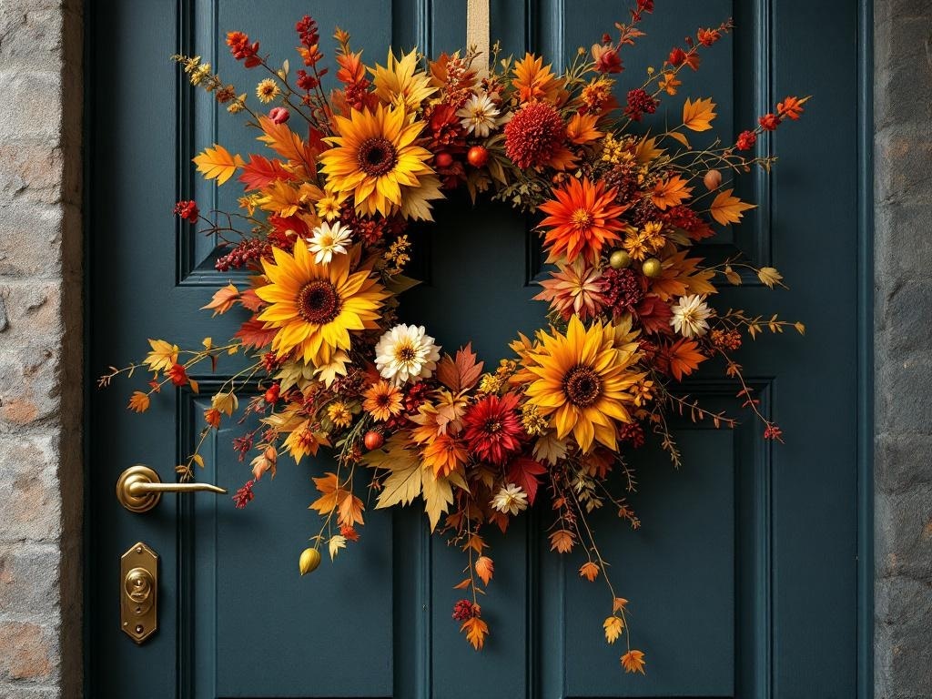 A vibrant autumn floral arrangement featuring sunflowers, red and orange flowers, and leaves, hanging on a dark blue door.