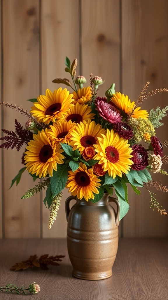 A beautiful autumn floral arrangement featuring sunflowers, burgundy blooms, and greenery in a rustic vase.