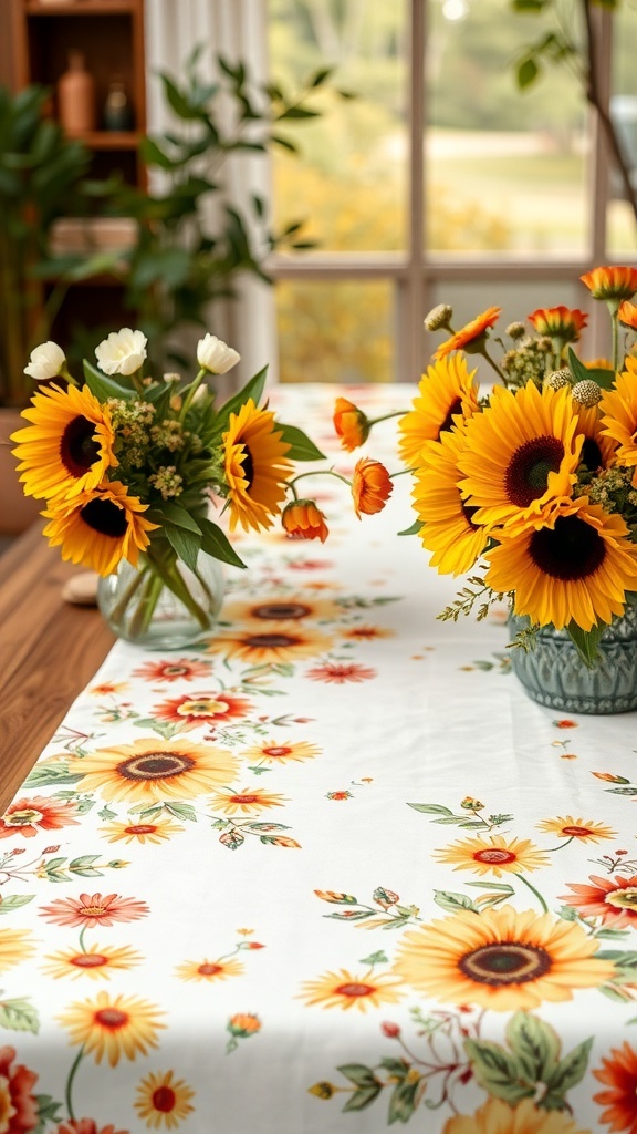 A vibrant autumn floral print table runner featuring sunflowers and colorful flowers.