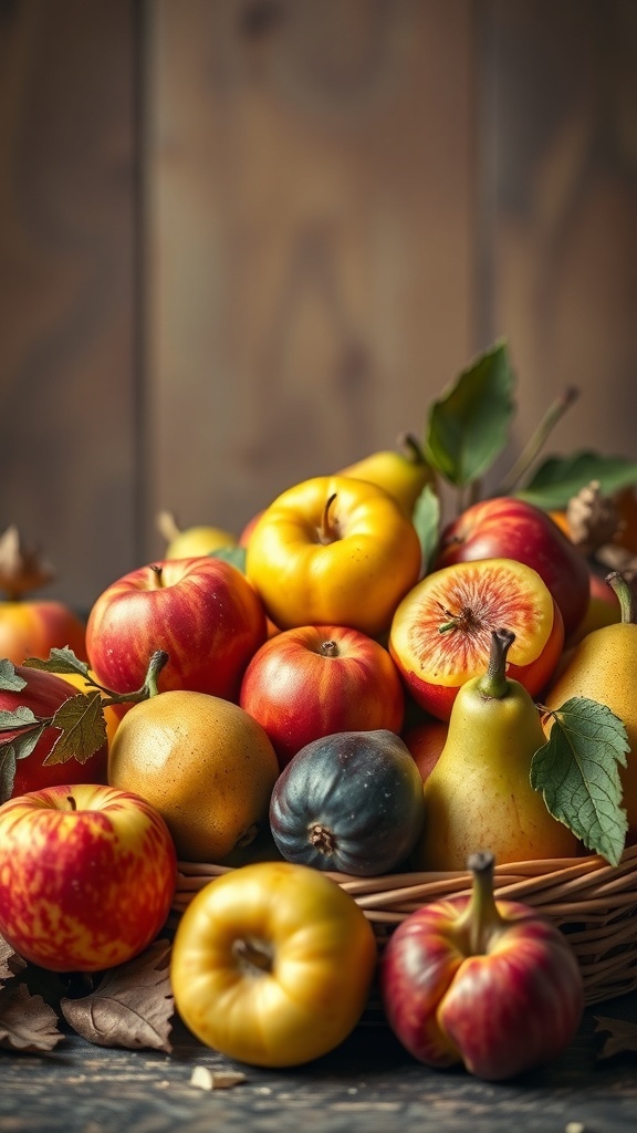 A basket filled with colorful autumn fruits including apples, pears, and unique varieties, surrounded by leaves.