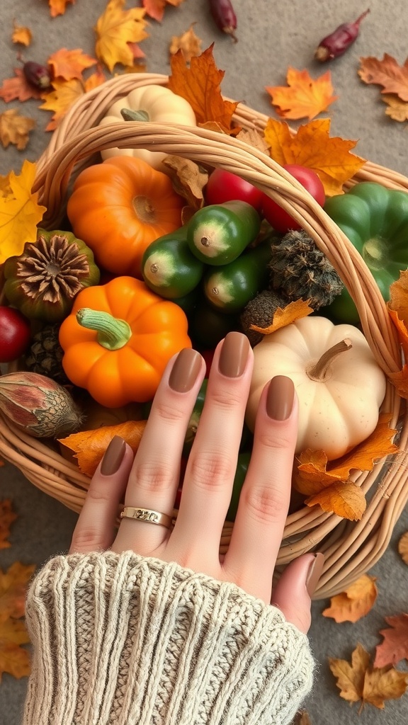 A hand with brown fingernail polish resting on a basket filled with autumn-themed decorations.