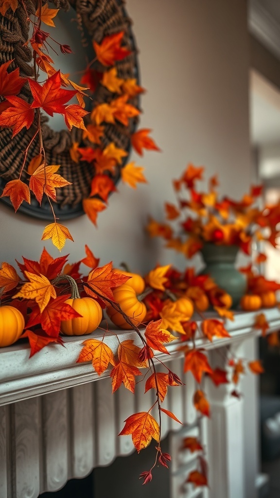 A cozy mantle decorated with autumn leaves and small pumpkins.
