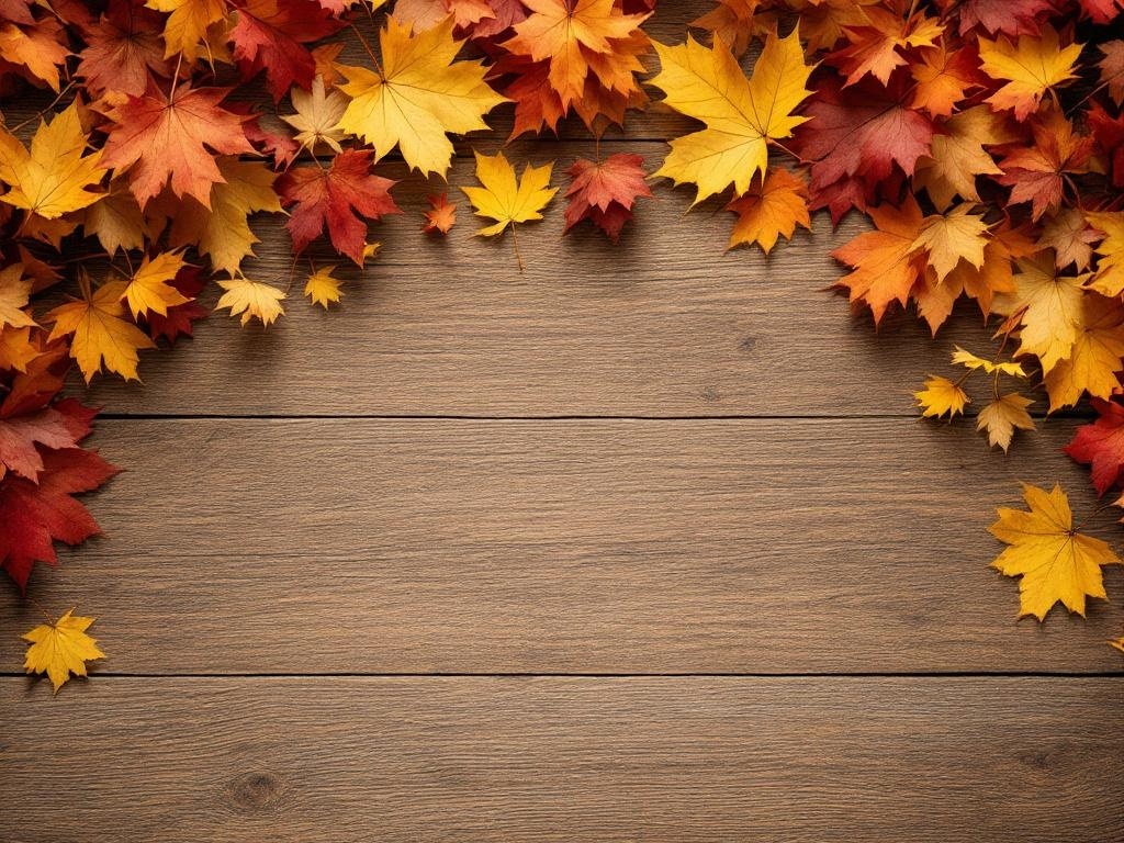A rustic table setting with autumn leaves in vibrant colors on a wooden surface.