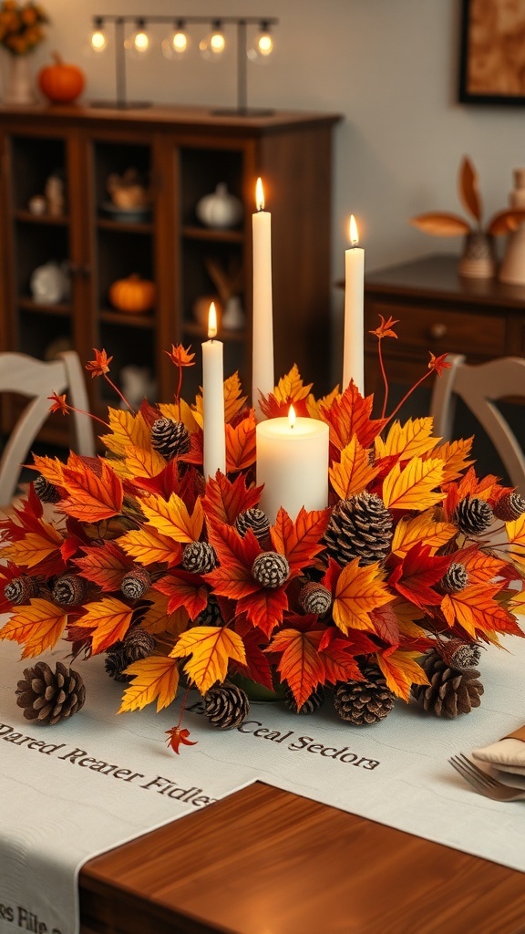 A beautiful autumn leaf centerpiece featuring vibrant leaves, pinecones, and candles, set on a dining table.