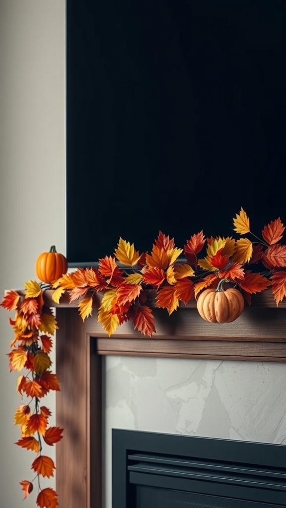 A garland of autumn leaves and small pumpkins draped over a mantel.