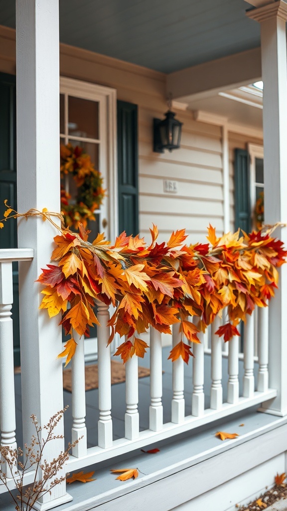 A front porch decorated with an autumn leaf garland in vibrant colors.