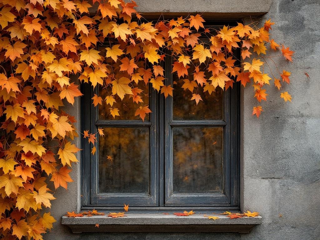 A window adorned with a garland of autumn leaves in shades of orange and yellow.