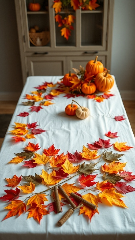 A table decorated with a runner made of colorful autumn leaves and small pumpkins.
