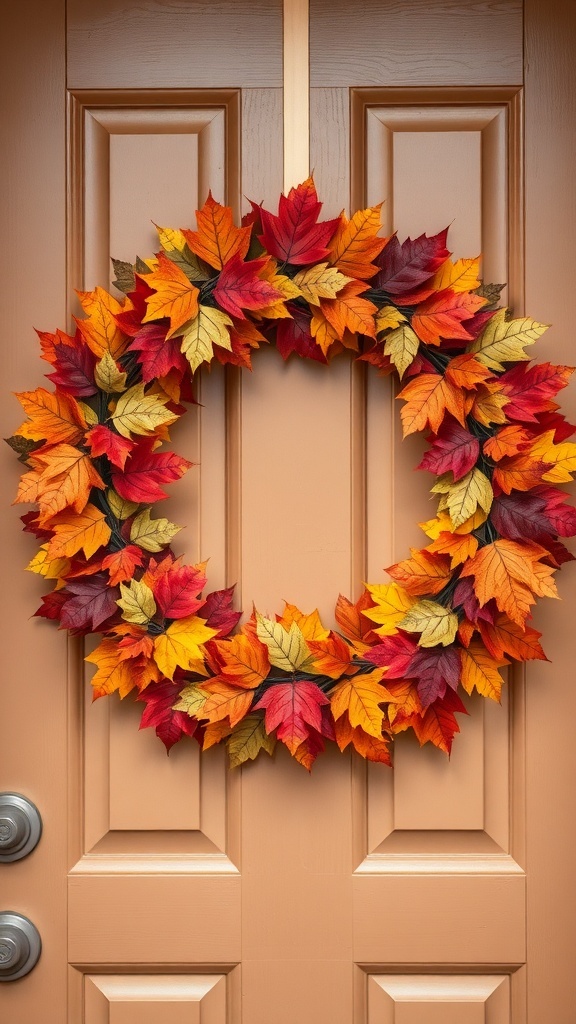A vibrant autumn leaf wreath with red, orange, and yellow leaves hanging on a door.