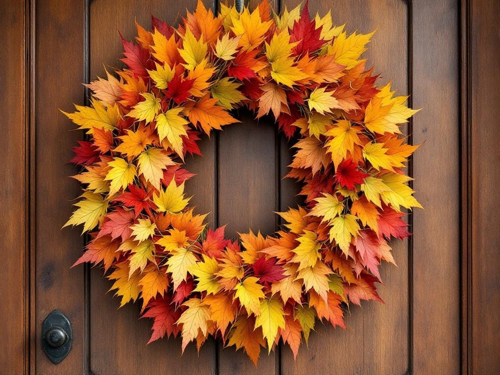 A vibrant autumn leaf wreath made of red, orange, and yellow leaves hanging on a wooden door.