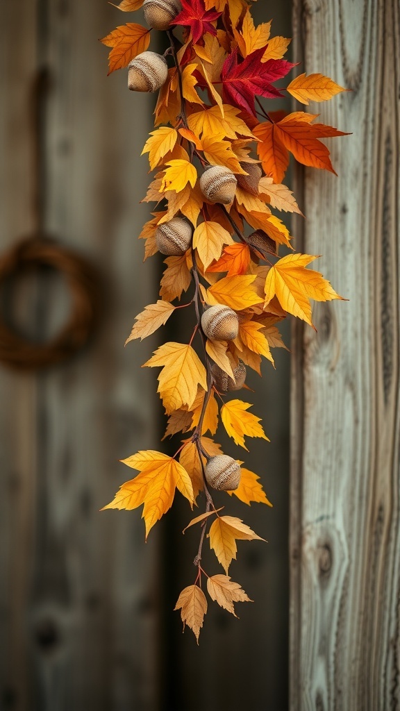 A garland made of autumn leaves and acorns, showcasing vibrant colors of fall.
