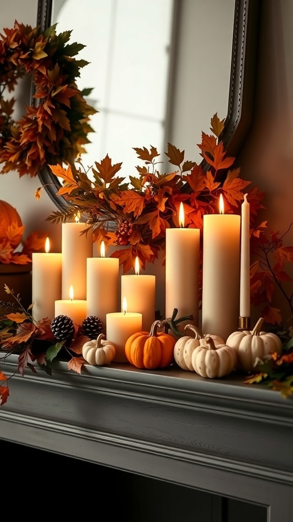 A cozy autumn display featuring candles, fall leaves, and mini pumpkins on a mantle.