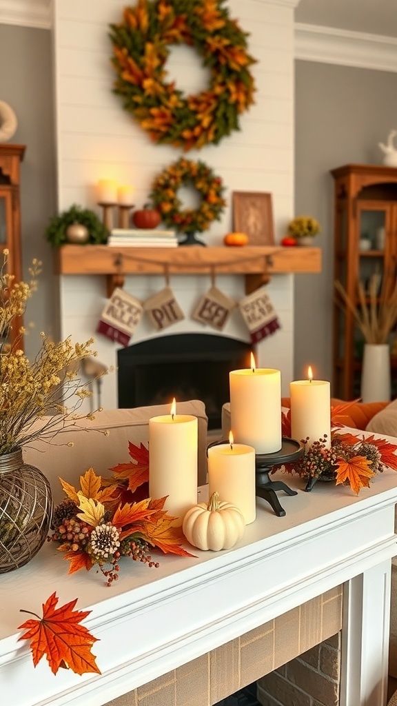 A cozy mantel decorated with autumn scented candles, colorful leaves, and small pumpkins.