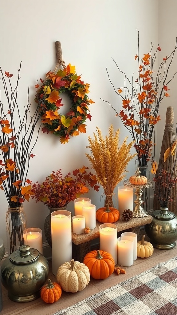 A cozy autumn decor setup featuring a leaf wreath, pumpkins, candles, and decorative branches.