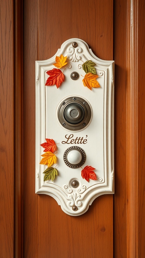 A decorative doorbell with autumn leaves on a wooden door