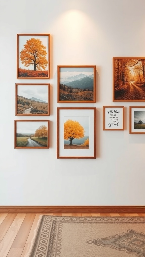 A wall featuring framed autumn-themed art, including trees with orange leaves and a nature quote.