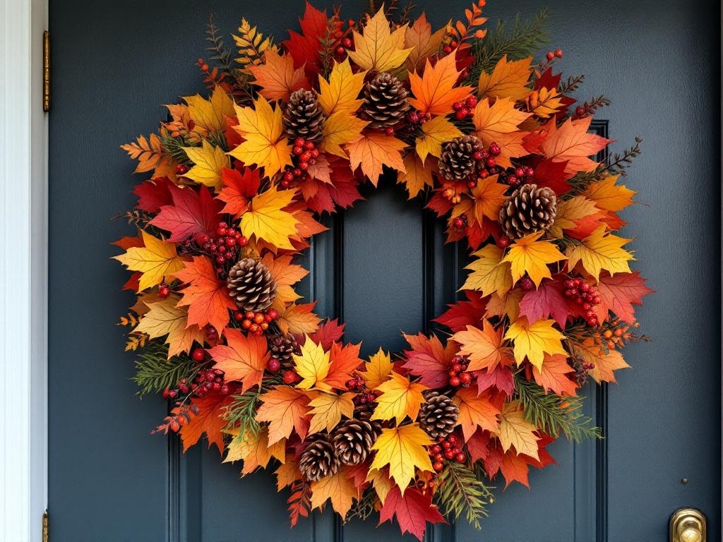 A vibrant autumn wreath made of colorful leaves, pinecones, and berries, hanging on a dark front door.
