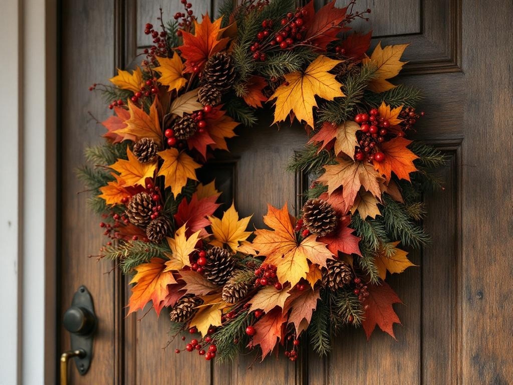 A beautiful autumn wreath made of colorful leaves, pinecones, and berries, hanging on a wooden door.