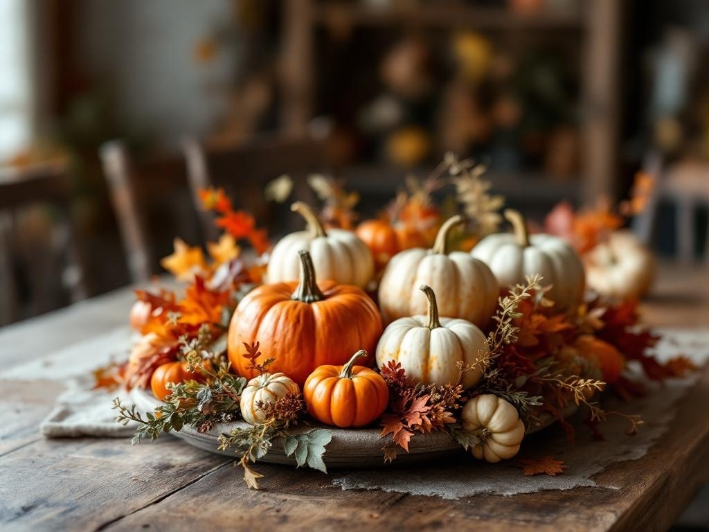 A beautiful autumnal centerpiece featuring various pumpkins and colorful fall leaves on a wooden table.