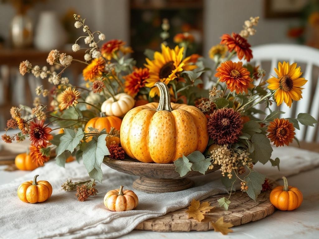 Autumn centerpiece featuring a large pumpkin, sunflowers, and smaller pumpkins on a wooden tray.