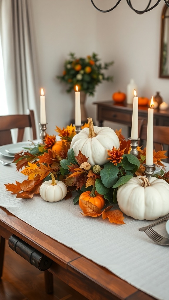 A dining table centerpiece featuring white and orange pumpkins, autumn leaves, and candles.