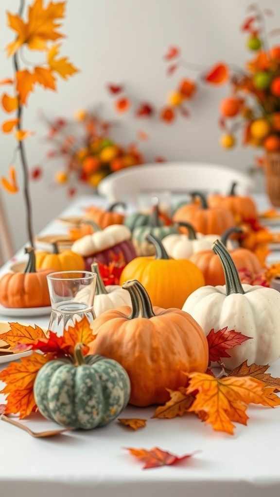 A Thanksgiving table decorated with pumpkins and autumn leaves.