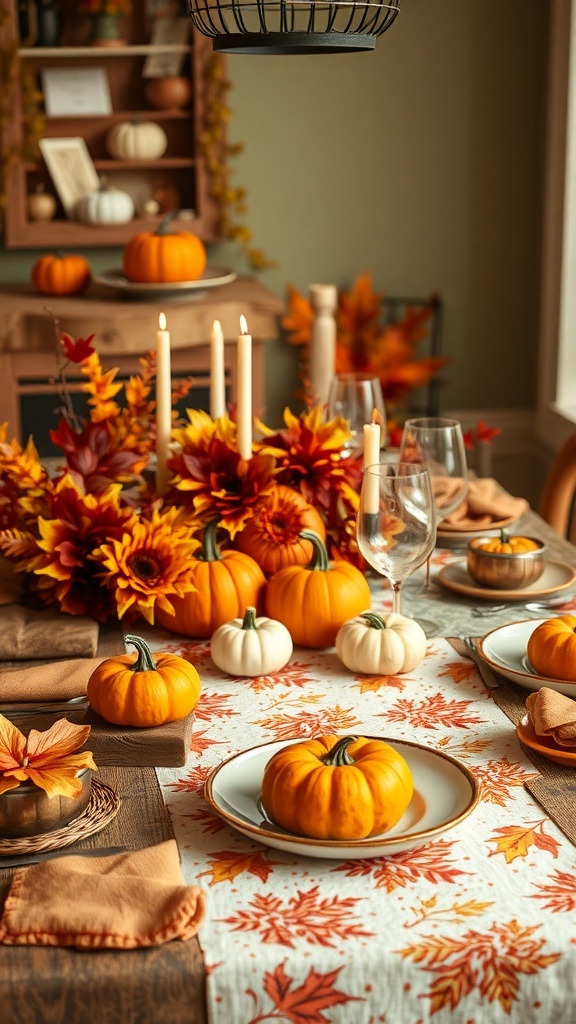 Thanksgiving table setting with pumpkins and autumn leaves