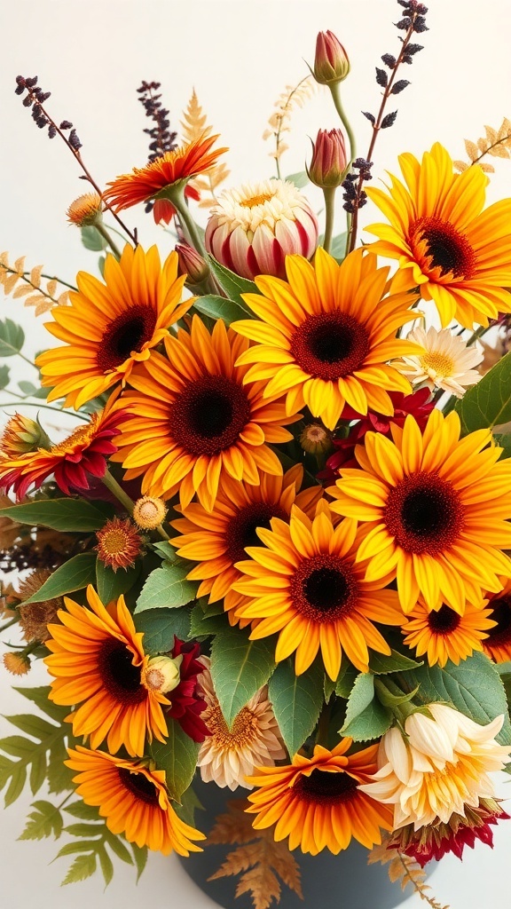 A vibrant autumn floral arrangement featuring sunflowers, dahlias, and colorful foliage.