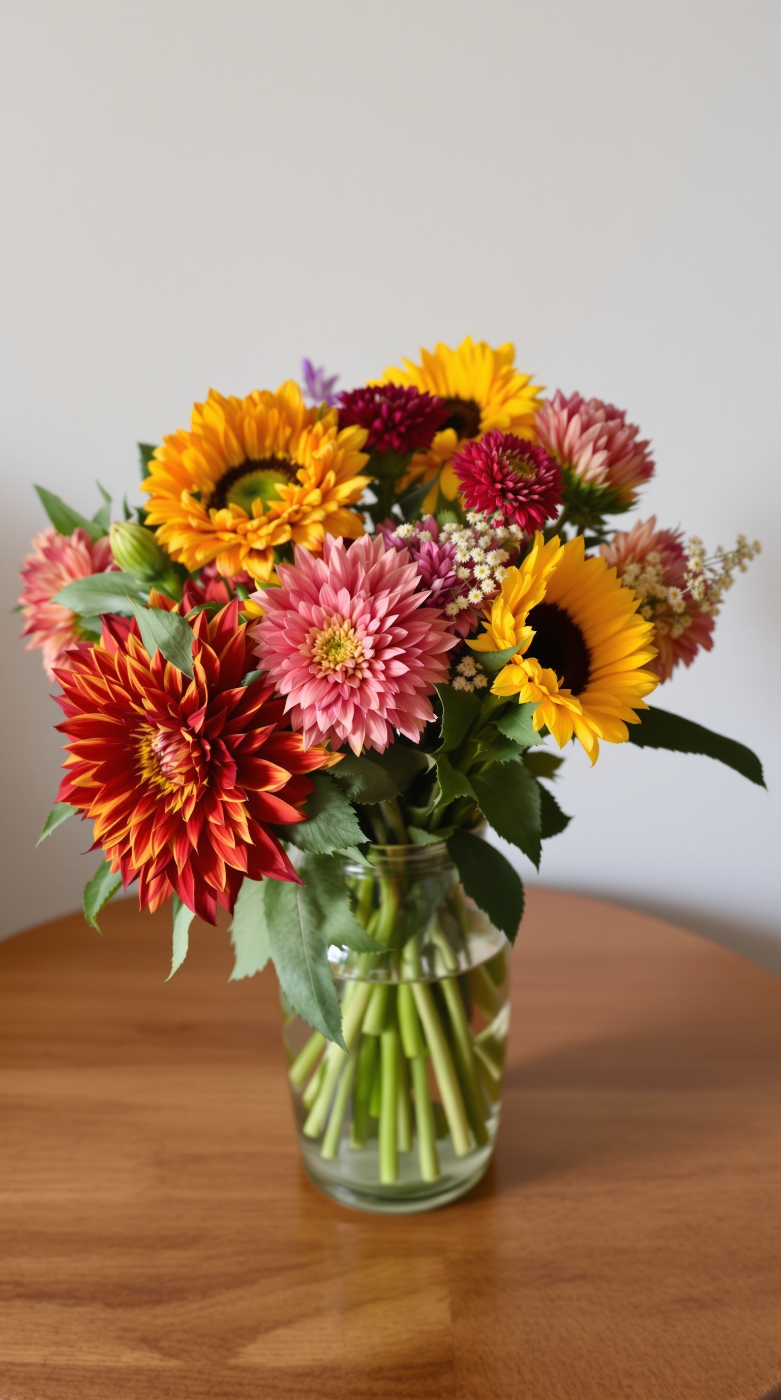 A colorful autumn floral arrangement featuring sunflowers, dahlias, and chrysanthemums in a clear vase on a wooden table.