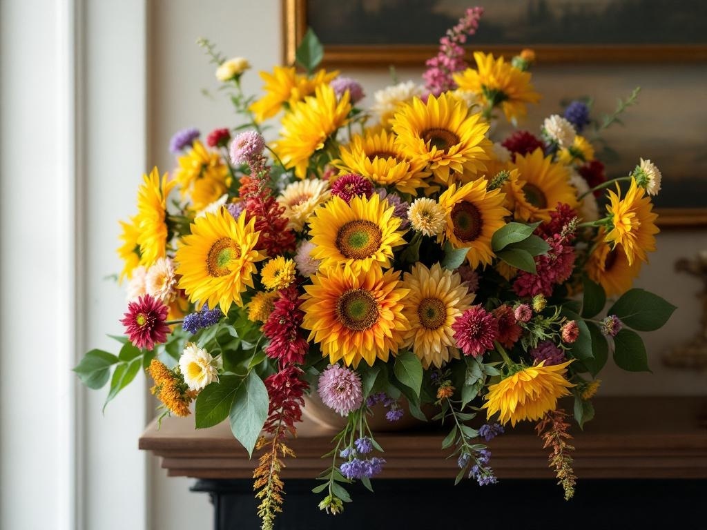 A vibrant autumn floral arrangement featuring sunflowers, zinnias, and asters in warm colors.