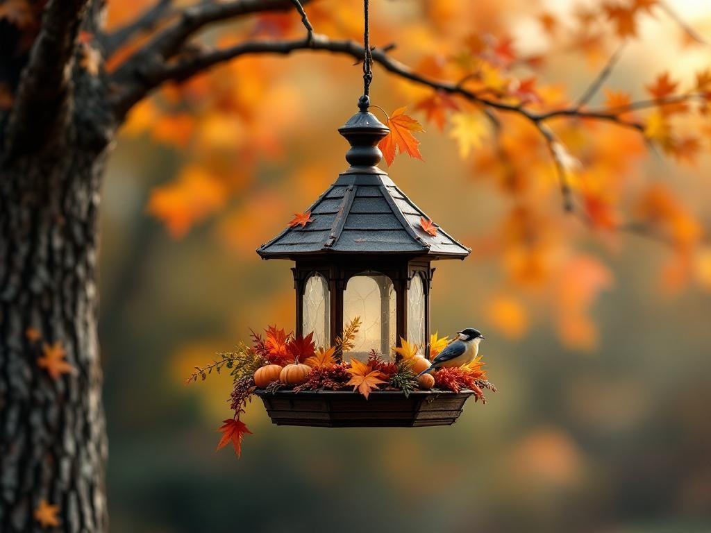 A decorative bird feeder adorned with autumn leaves and mini pumpkins, hanging from a tree branch.