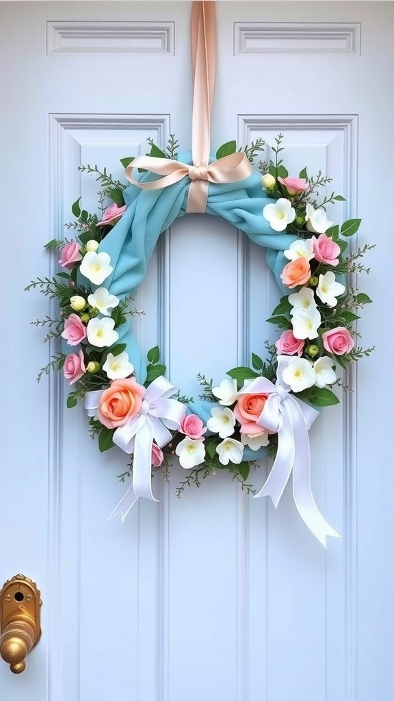 A baby blue wreath adorned with pink and white flowers, hanging on a door.