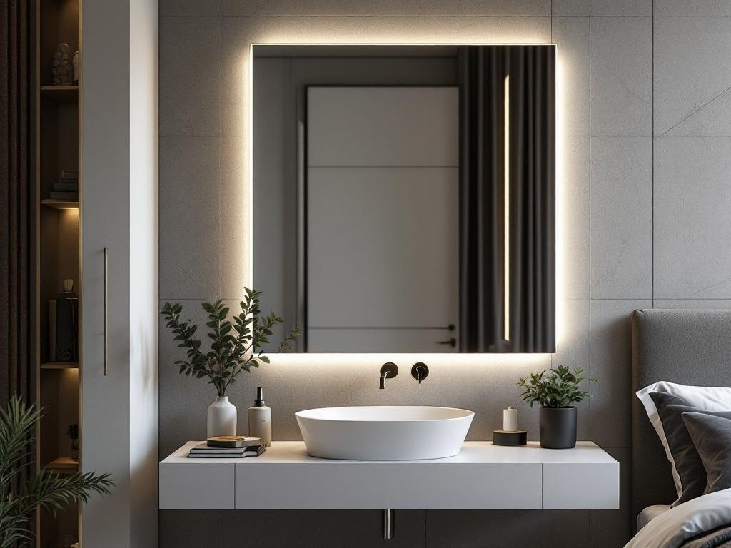 A modern backlit mirror above a stylish sink in a contemporary bedroom setting.