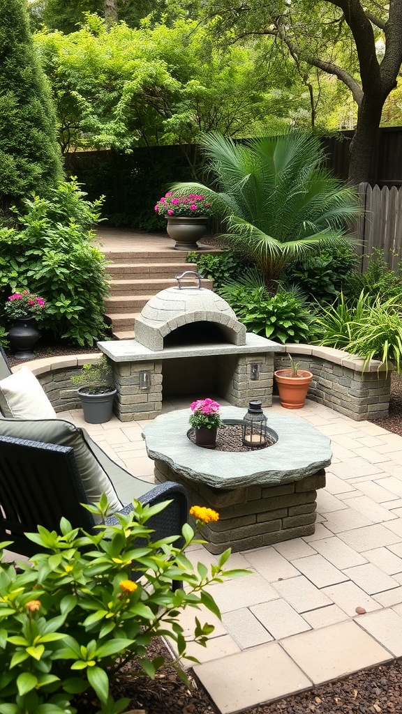 A cozy backyard barbecue pit surrounded by greenery and flowers.